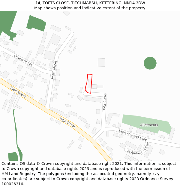 14, TOFTS CLOSE, TITCHMARSH, KETTERING, NN14 3DW: Location map and indicative extent of plot