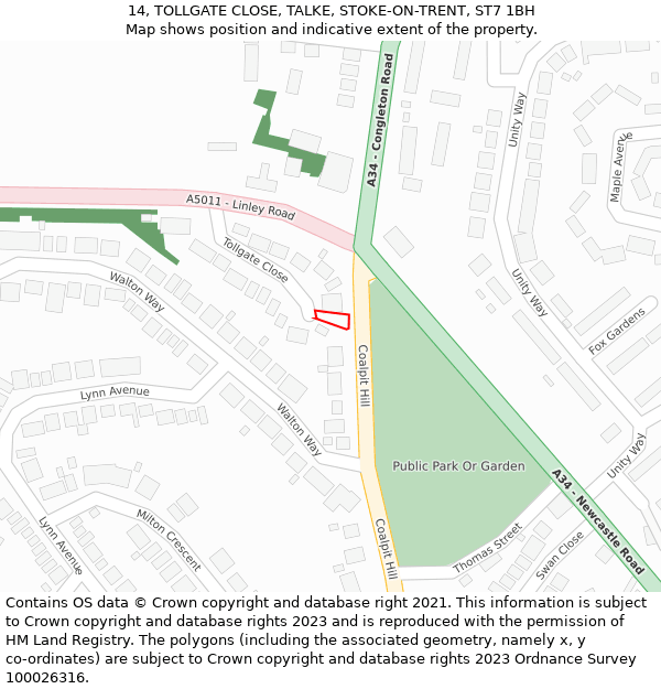 14, TOLLGATE CLOSE, TALKE, STOKE-ON-TRENT, ST7 1BH: Location map and indicative extent of plot