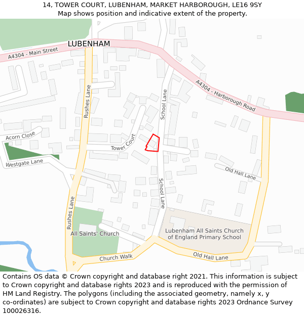 14, TOWER COURT, LUBENHAM, MARKET HARBOROUGH, LE16 9SY: Location map and indicative extent of plot
