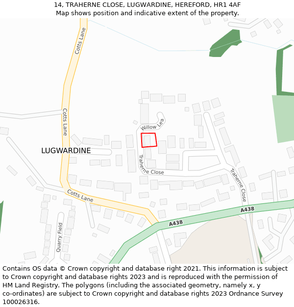 14, TRAHERNE CLOSE, LUGWARDINE, HEREFORD, HR1 4AF: Location map and indicative extent of plot