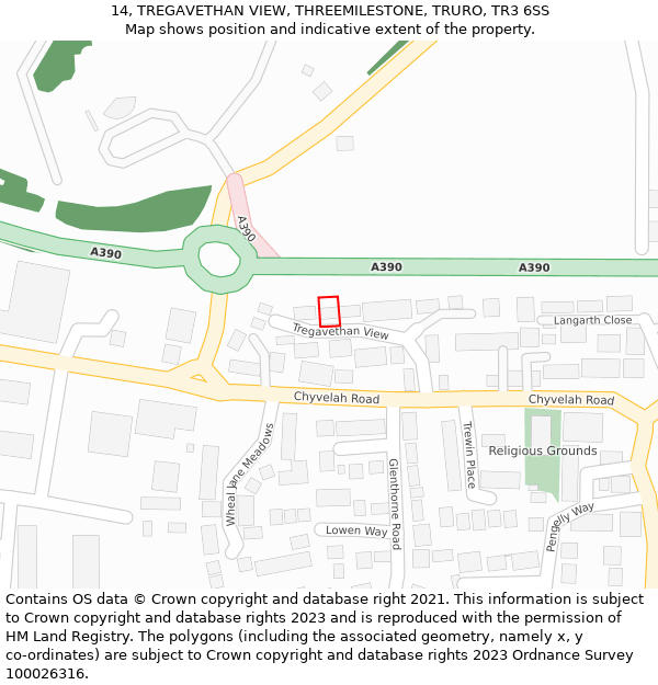 14, TREGAVETHAN VIEW, THREEMILESTONE, TRURO, TR3 6SS: Location map and indicative extent of plot
