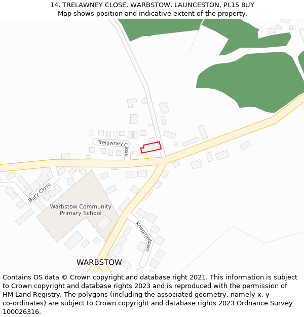 14, TRELAWNEY CLOSE, WARBSTOW, LAUNCESTON, PL15 8UY: Location map and indicative extent of plot