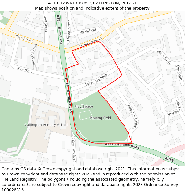 14, TRELAWNEY ROAD, CALLINGTON, PL17 7EE: Location map and indicative extent of plot