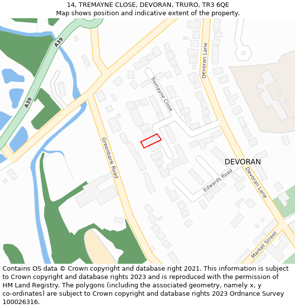 14, TREMAYNE CLOSE, DEVORAN, TRURO, TR3 6QE: Location map and indicative extent of plot