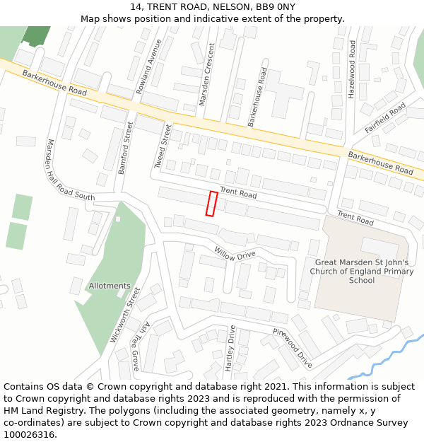 14, TRENT ROAD, NELSON, BB9 0NY: Location map and indicative extent of plot