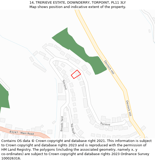 14, TRERIEVE ESTATE, DOWNDERRY, TORPOINT, PL11 3LY: Location map and indicative extent of plot