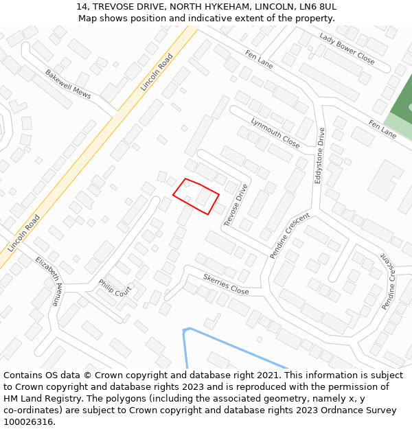 14, TREVOSE DRIVE, NORTH HYKEHAM, LINCOLN, LN6 8UL: Location map and indicative extent of plot