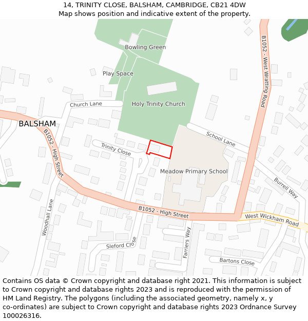 14, TRINITY CLOSE, BALSHAM, CAMBRIDGE, CB21 4DW: Location map and indicative extent of plot
