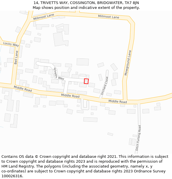 14, TRIVETTS WAY, COSSINGTON, BRIDGWATER, TA7 8JN: Location map and indicative extent of plot