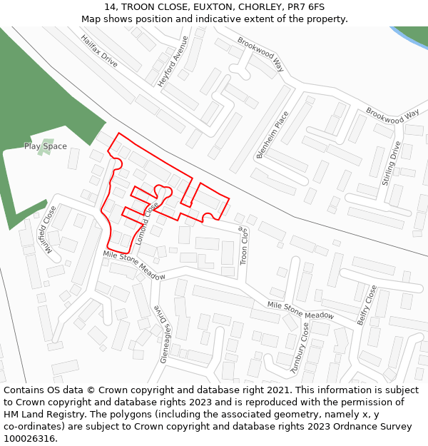 14, TROON CLOSE, EUXTON, CHORLEY, PR7 6FS: Location map and indicative extent of plot