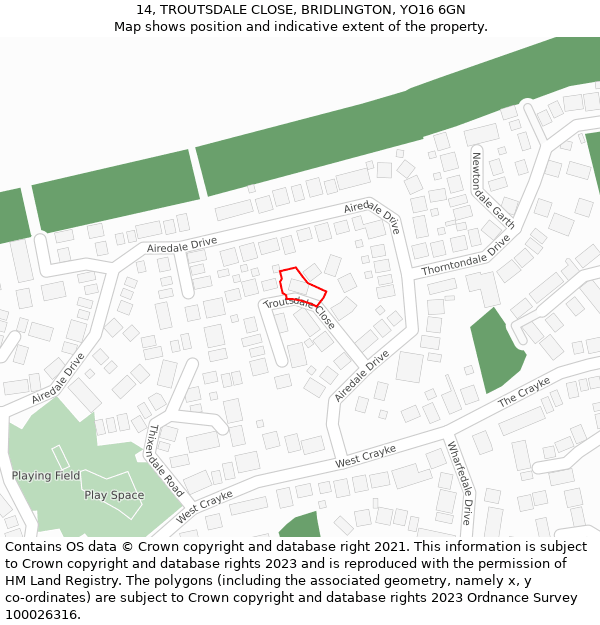 14, TROUTSDALE CLOSE, BRIDLINGTON, YO16 6GN: Location map and indicative extent of plot