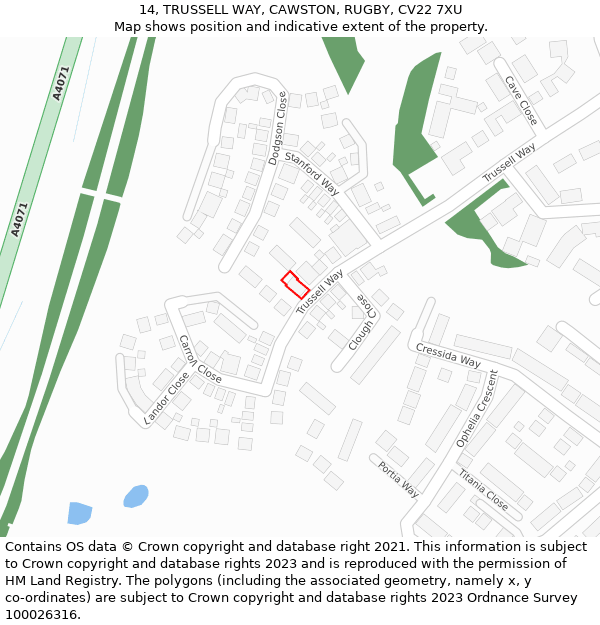 14, TRUSSELL WAY, CAWSTON, RUGBY, CV22 7XU: Location map and indicative extent of plot