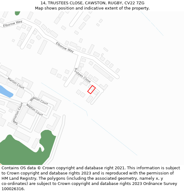 14, TRUSTEES CLOSE, CAWSTON, RUGBY, CV22 7ZG: Location map and indicative extent of plot