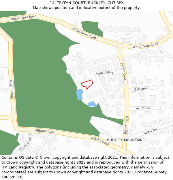 14, TRYFAN COURT, BUCKLEY, CH7 3PX: Location map and indicative extent of plot