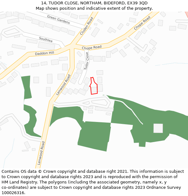 14, TUDOR CLOSE, NORTHAM, BIDEFORD, EX39 3QD: Location map and indicative extent of plot