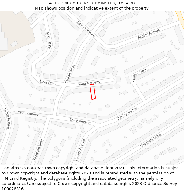 14, TUDOR GARDENS, UPMINSTER, RM14 3DE: Location map and indicative extent of plot