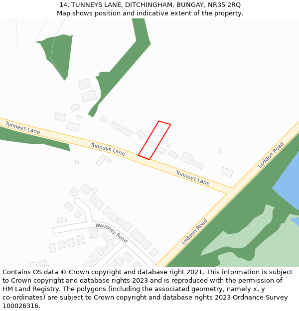 14, TUNNEYS LANE, DITCHINGHAM, BUNGAY, NR35 2RQ: Location map and indicative extent of plot