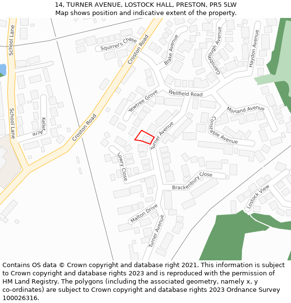 14, TURNER AVENUE, LOSTOCK HALL, PRESTON, PR5 5LW: Location map and indicative extent of plot