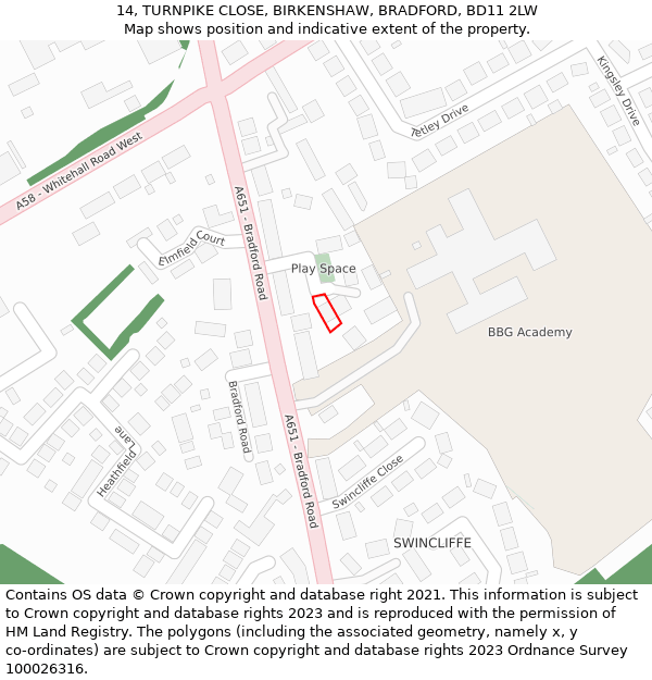 14, TURNPIKE CLOSE, BIRKENSHAW, BRADFORD, BD11 2LW: Location map and indicative extent of plot