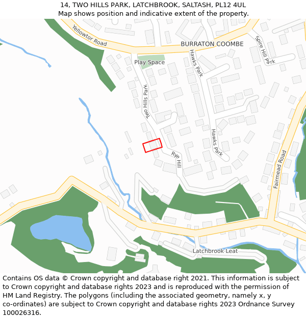 14, TWO HILLS PARK, LATCHBROOK, SALTASH, PL12 4UL: Location map and indicative extent of plot