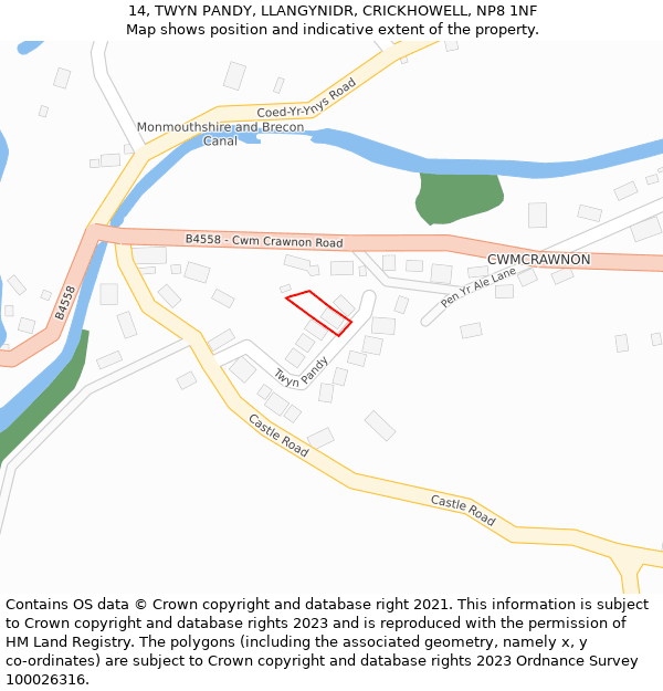 14, TWYN PANDY, LLANGYNIDR, CRICKHOWELL, NP8 1NF: Location map and indicative extent of plot