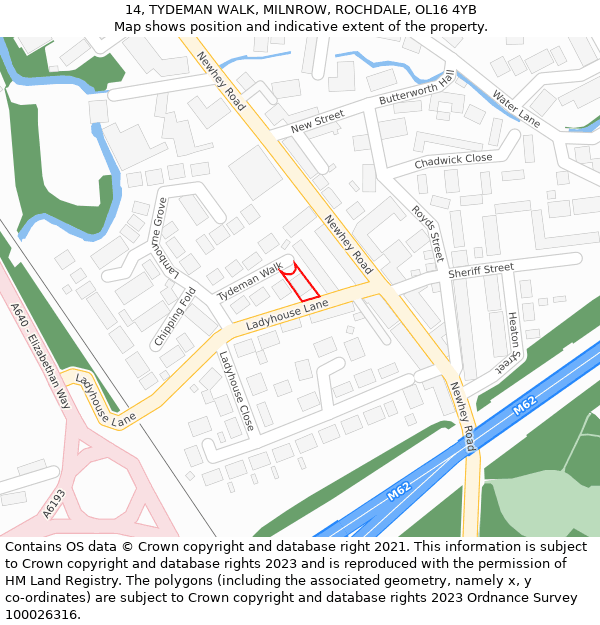 14, TYDEMAN WALK, MILNROW, ROCHDALE, OL16 4YB: Location map and indicative extent of plot