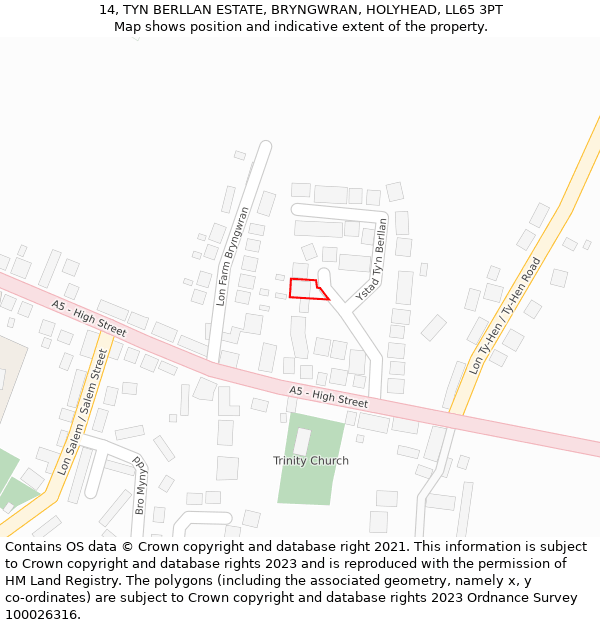 14, TYN BERLLAN ESTATE, BRYNGWRAN, HOLYHEAD, LL65 3PT: Location map and indicative extent of plot