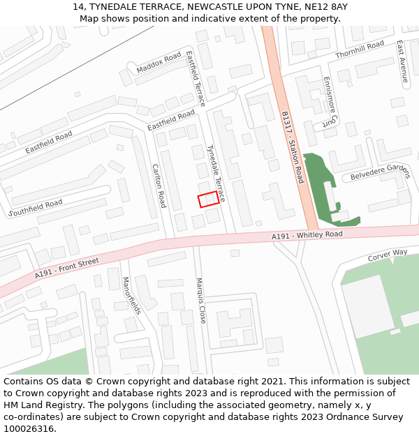 14, TYNEDALE TERRACE, NEWCASTLE UPON TYNE, NE12 8AY: Location map and indicative extent of plot