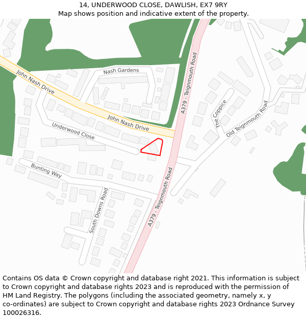 14, UNDERWOOD CLOSE, DAWLISH, EX7 9RY: Location map and indicative extent of plot