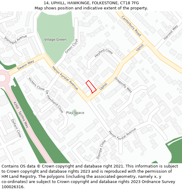 14, UPHILL, HAWKINGE, FOLKESTONE, CT18 7FG: Location map and indicative extent of plot