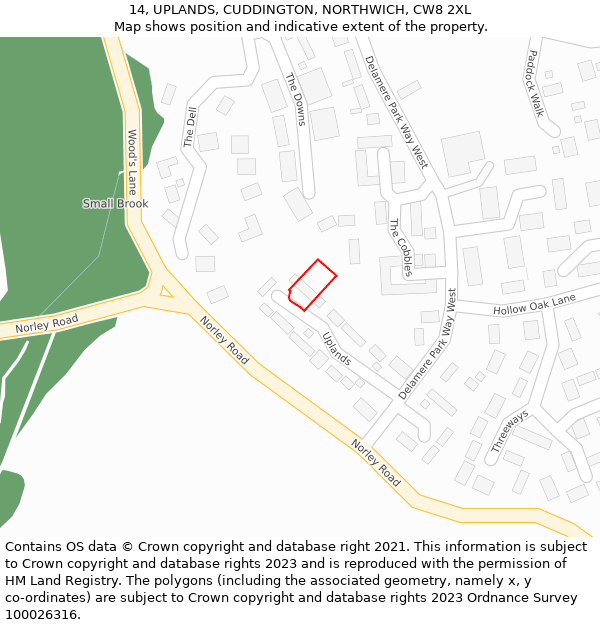 14, UPLANDS, CUDDINGTON, NORTHWICH, CW8 2XL: Location map and indicative extent of plot