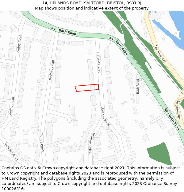 14, UPLANDS ROAD, SALTFORD, BRISTOL, BS31 3JJ: Location map and indicative extent of plot