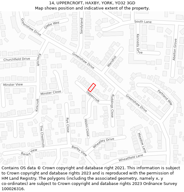 14, UPPERCROFT, HAXBY, YORK, YO32 3GD: Location map and indicative extent of plot