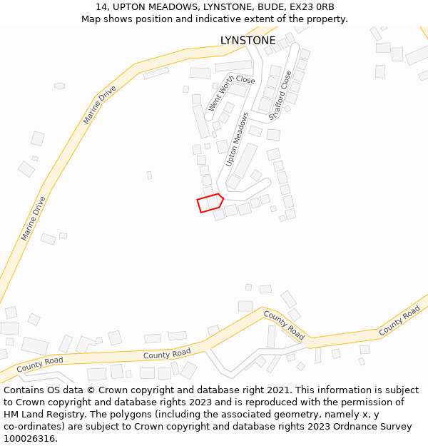 14, UPTON MEADOWS, LYNSTONE, BUDE, EX23 0RB: Location map and indicative extent of plot