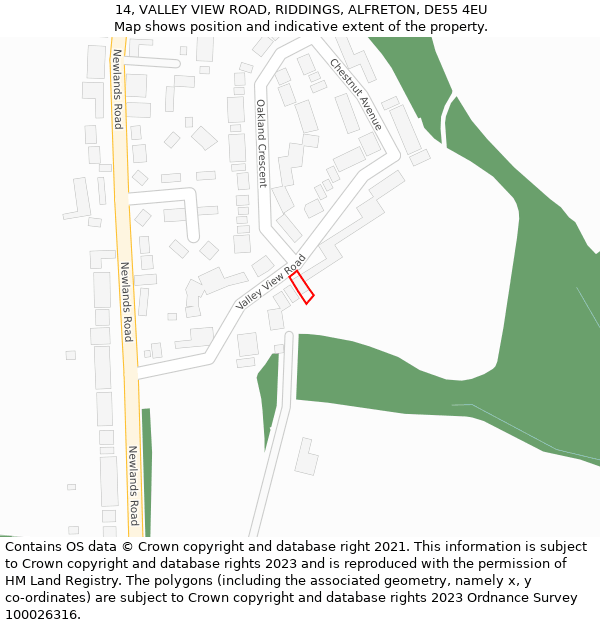 14, VALLEY VIEW ROAD, RIDDINGS, ALFRETON, DE55 4EU: Location map and indicative extent of plot