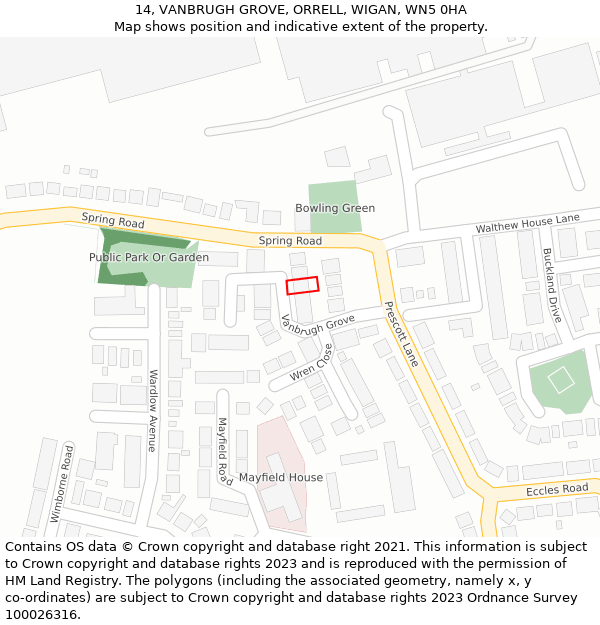 14, VANBRUGH GROVE, ORRELL, WIGAN, WN5 0HA: Location map and indicative extent of plot