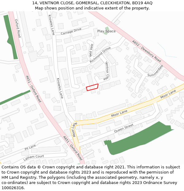 14, VENTNOR CLOSE, GOMERSAL, CLECKHEATON, BD19 4AQ: Location map and indicative extent of plot