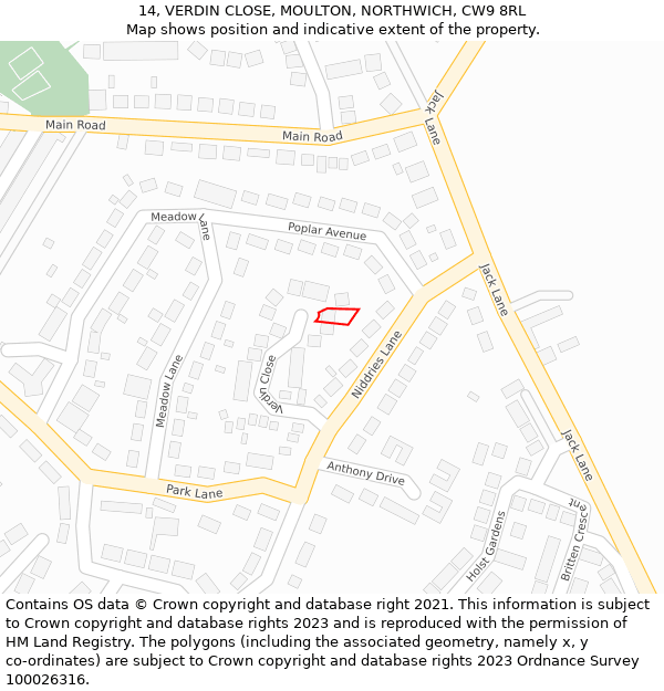 14, VERDIN CLOSE, MOULTON, NORTHWICH, CW9 8RL: Location map and indicative extent of plot