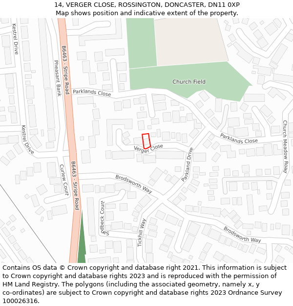 14, VERGER CLOSE, ROSSINGTON, DONCASTER, DN11 0XP: Location map and indicative extent of plot