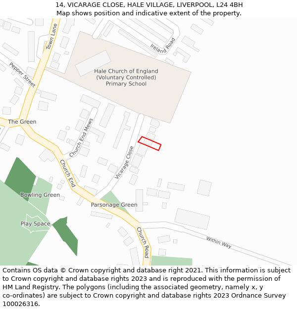 14, VICARAGE CLOSE, HALE VILLAGE, LIVERPOOL, L24 4BH: Location map and indicative extent of plot