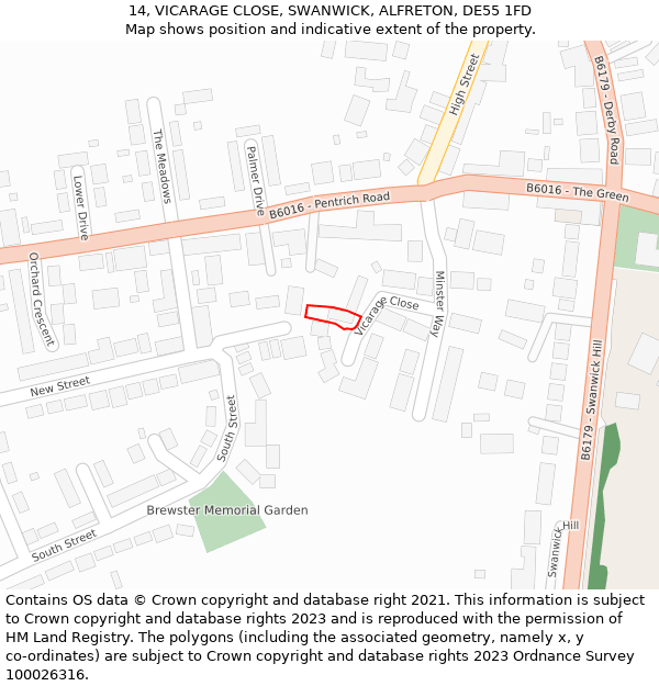 14, VICARAGE CLOSE, SWANWICK, ALFRETON, DE55 1FD: Location map and indicative extent of plot