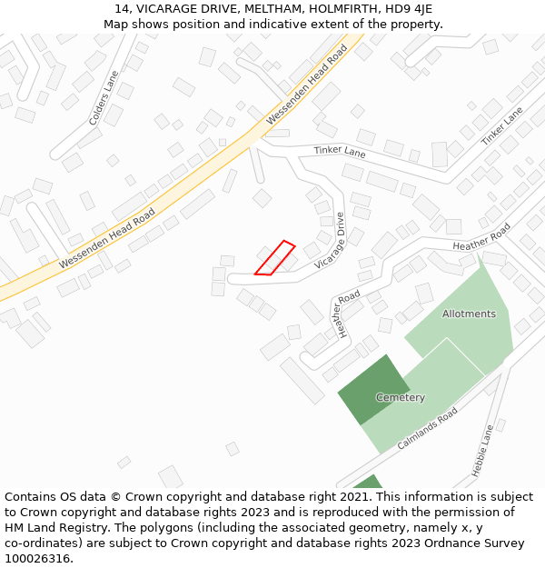 14, VICARAGE DRIVE, MELTHAM, HOLMFIRTH, HD9 4JE: Location map and indicative extent of plot