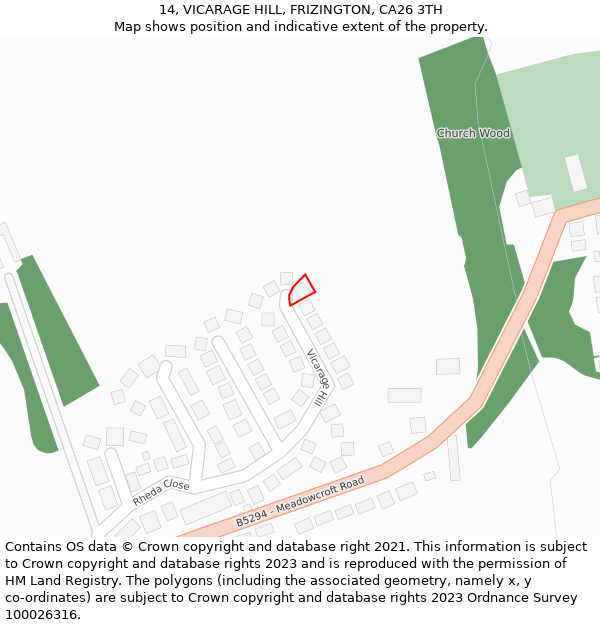 14, VICARAGE HILL, FRIZINGTON, CA26 3TH: Location map and indicative extent of plot