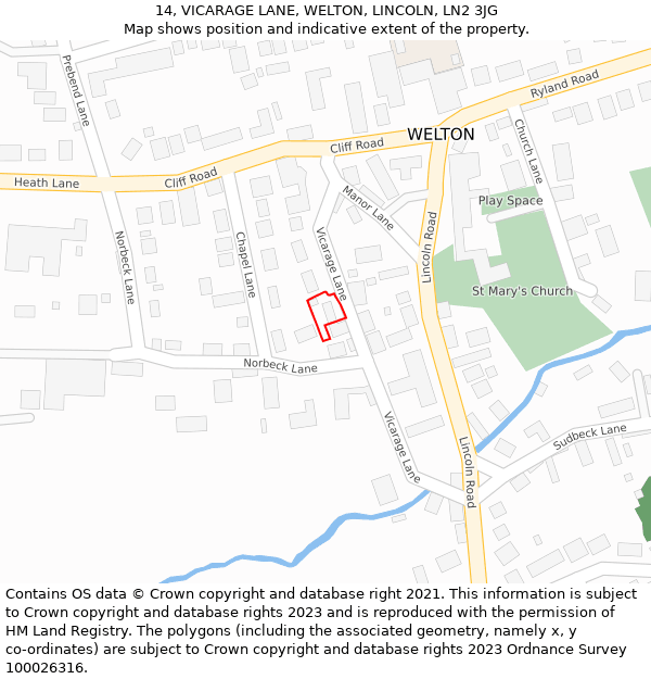 14, VICARAGE LANE, WELTON, LINCOLN, LN2 3JG: Location map and indicative extent of plot