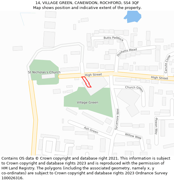 14, VILLAGE GREEN, CANEWDON, ROCHFORD, SS4 3QF: Location map and indicative extent of plot