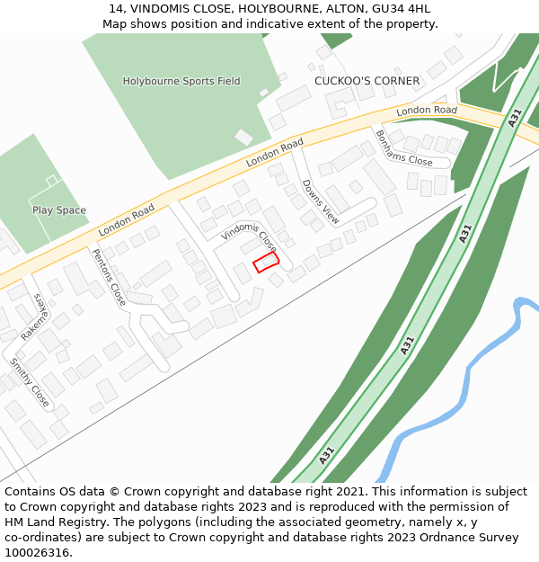 14, VINDOMIS CLOSE, HOLYBOURNE, ALTON, GU34 4HL: Location map and indicative extent of plot