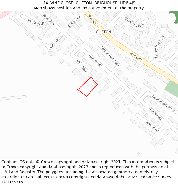 14, VINE CLOSE, CLIFTON, BRIGHOUSE, HD6 4JS: Location map and indicative extent of plot