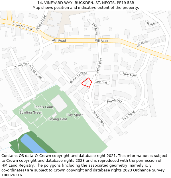 14, VINEYARD WAY, BUCKDEN, ST. NEOTS, PE19 5SR: Location map and indicative extent of plot