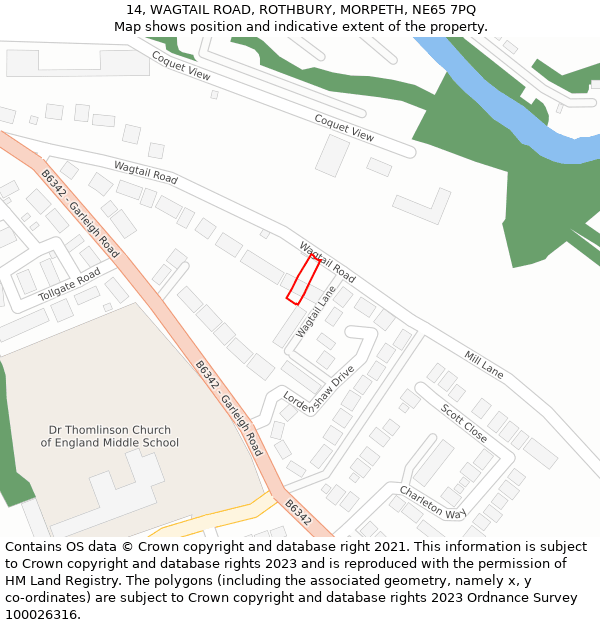 14, WAGTAIL ROAD, ROTHBURY, MORPETH, NE65 7PQ: Location map and indicative extent of plot