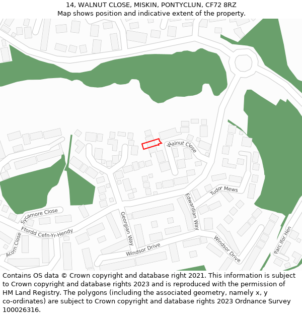 14, WALNUT CLOSE, MISKIN, PONTYCLUN, CF72 8RZ: Location map and indicative extent of plot
